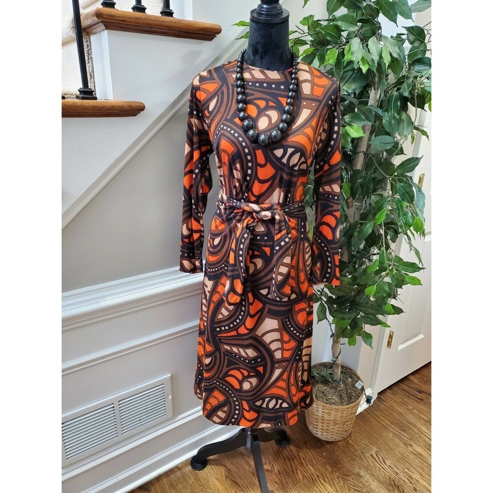 Vintage Jo-Mor Multicolor Polyester Round Neck Long Sleeve Knee Length Dress L